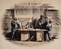 Japan: a street refreshment stall. Coloured photograph by Felice Beato, ca. 1868.