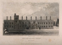 Lincoln College, Oxford: the west facade. Line engraving by S. Lacey.