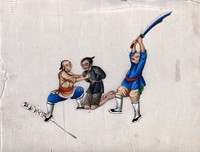 A Chinese man preparing to be executed by decapitation: the man is shown being made to kneel on the ground, while the executioner raises his sword. Gouache painting on rice-paper, 18--.