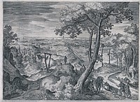 A bucolic scene with hanging trees and racks outside a village where travellers and farmers go about their business. Etching with engraving after H. Bol.