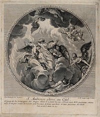 Saint Ambrose: his raising into heaven. Line engraving by C.N. Cochin the elder, 1736, after B. Boullogne the elder.