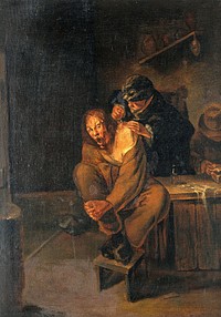 A surgeon operating on a man's shoulder. Oil painting after Gerrit Lundens.