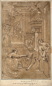 A woman wraps a new born baby in swaddling clothes while the mother recovers in bed, the midwife mops her brow. Colour etching by C.M. Metz after F. Barocci.