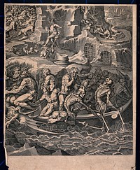 The Last Judgment: sinners in hell are tortured by monstrous devils as a ferry carries new arrivals to the same fate. Line engraving by Petrus de Jode the elder, 1615, after Jean Cousin the younger.