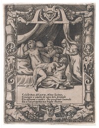 A woman giving birth, calling out to the Roman goddess Lucina. Engraving by G. Bonasone, 15--.