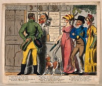 A young man puts his head through the window of a barber's shop where glass has been replaced by paper; the barber inside responds by putting his head through another paper pane: a man and two women walk by. Coloured etching by A. Mills, 1806.
