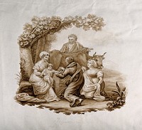 Edward Jenner, dressed in antique robes, vaccinates a baby on its mother's lap, shaded by a tree; around, a cow, cowherd and nurse. Sepia wash drawing, 1820.