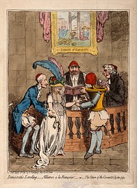 The wedding of Lady Lucy Stanhope to Thomas Taylor, a surgeon-apothecary: the bride is given away by her father Earl Stanhope, while Fox and Sheridan officiate. Coloured etching by J. Gillray, 1796.