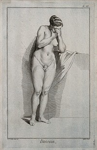 A standing nude female figure bowing her head in her hands in an attitude of grief. Engraving by Defehrt after C.N. Cochin.