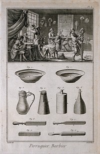 A barber's and wig-maker's establishment, above; shaving bowls, flasks and razors, below. Engraving by R. Bénard after J.R. Lucotte, 1762.