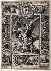 A personification of Obedience with her attributes is attacked from the sides by eight vices; above her appears Christ on the cross; (top left) the sacrifice of Isaac; (right) Jacob sends Joseph to his brothers; (below) three examples of disobedience, including the expulsion from Paradise. Engraving after H. Wierix .