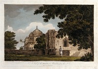 Mausoleum of Makhdam Shah Daulat from the south east, Maner, Bihar. Coloured etching by William Hodges, 1787.