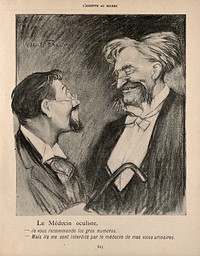 A man has a joke with his optician. Process print after J-A. Faivre, 1902.