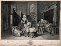 A wealthy Dutch man comforting his wife after giving birth, the child is being fed by a nursemaid. Engraving by P. Tanje, 1757, after C. Troost.