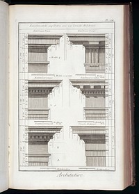 Samples of entablatures, the order above a column, with cornice and architrave, samples are Toscan, Dorique, Ionique, Corinthien and Composite