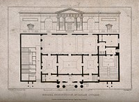 Russell Institution, Great Coram Street, London: the facade, above, floor plan, below, with a scale of feet. Engraving by J. Le Keux after G. Cattermole, 1824.