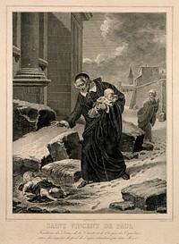 Saint Vincent de Paul: he rescues a baby abandoned in the snow. Line engraving by P. Baquoy after N. A. Monsiaux.