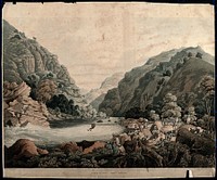 People crossing the river Tons by rope bridge, Himalaya mountains, India. Coloured aquatint by Robert Havell, 1820, after James Baillie Fraser.