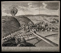 Spa, Belgium: panoramic view of the town from the north-west. Etching by H.J. Godin after A. Le Loup.