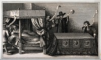 King James I of England on his deathbed, attended by courtiers trying to poison him. Etching by or after W. Hollar, ca. 1672.