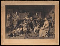 A blind girl reads the Bible by touch to her illiterate family in the dark; one man is tempted to go out and enjoy drunken revels in the daylight; representing light and darkness of the understanding. Engraving by W. Ridgway, 1871, after G. Smith.