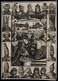 The western and eastern churches represented by St. Peter's in Rome and S. Sophia in Istanbul (Constantinople); Jewish circumcision and the baptism of a baby by a bishop, with a border showing headwear of different groups. Engraving by R. Smith.