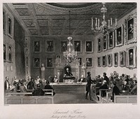 A meeting of the Royal Society at Somerset House in the Strand. Engraving by H. S. Melville, 1844, after F. W. Fairholt, 1843.