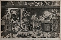 An interior in candlelight with male figures drawing; sculptures, books, skulls and a human skeleton arranged on a shelf and on the floor. Engraving by E. Vico after B. Bandinelli.