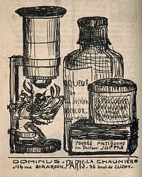 A collection of 'anti-boche' - ie. anti-German - medicine bottles, next to a scorpion about to be pulverised. Lithograph.