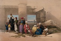 Figures at the entrance to the temple of Amun at Thebes, Egypt. Coloured lithograph by Louis Haghe after David Roberts, 1847.