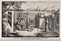 Textiles: silk manufacture in China, gathering the silk threads. Engraving.