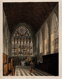 Merton College, Oxford: a marriage ceremony in the chapel. Coloured aquatint by J. Bluck, 1813, after A.C. Pugin.