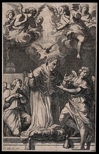 Saint Gregory the Great, wearing ecclesiastical dress and supported by two angels, is kneeling in prayer; angels above him. Etching by J. Ballin  after A. Carracci, 16--.