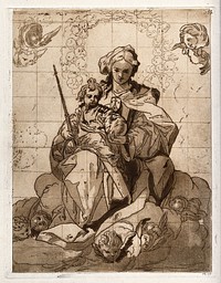 Saint Mary (the Blessed Virgin) with the Christ Child as the Virgin of Mount Carmel. Colour etching by J.J. Martínez Espinosa, 1874, after Sebastián de Herrera Barnuevo.
