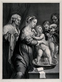 The Holy Family with Saint John the Baptist and Saint Anne. Lithograph by G. Markendorf after Giulio Romano.