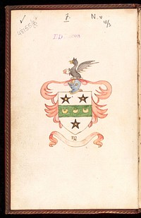 A coat of arms in an astrological common-place book by E. Sibly showing a dragon holding a star, seated upon a knights helmet and shield