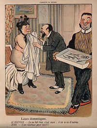 An embarrassed female patient is caught undressed by a leering medical assistant. Colourprocess print after J-A. Faivre, 1902.