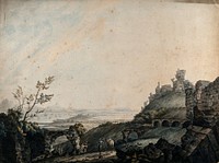 Ruins at Galetta, with lake Tunis in the distance, seen from Carthage, Tunisia. Watercolour by Charles Gülin, 1778.