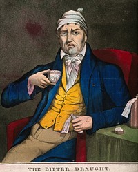 A man grimacing at some unpleasant tasting medicine he has been prescribed to take. Coloured aquatint.