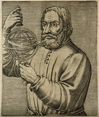 John of Holywood [Johannes de Sacrobosco]. Line engraving, 1584.
