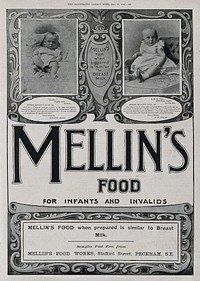 Two toddlers fed on Mellin's food for infants, with testimonials by their parents advertising Mellin's product. Process print, 25 September 1897.