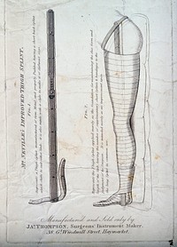 Advertisment for a thigh splint: two figures, including an illustration showing the splint in place on a bandaged limb. Engraving with etching, 1830/1860.