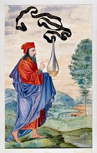 An alchemical adept carrying the vase of Hermes, which is inscribed "Let us go to seek the nature of the four elements". Watercolour painting by E.A. Ibbs.