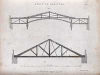 Architecture: various roof trusses. Engraving by E. Turrell, 1847.