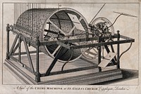 A large cylindrical machine with cogs and keys for making music. Engraving.