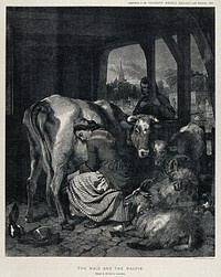 A maid is milking a cow surrounded by goats and a calf while a man watches the scene and a magpie is playing with the cow's bell. Lithograph after a painting by E. H. Landseer.