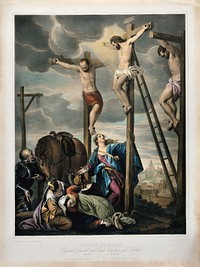 The crucifixion of Christ; beneath the cross are positioned the four Maries, a soldier and a horse. Coloured lithograph by F.S. Hanfstaengl after P. Caliari, il Veronese.