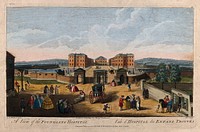 The Foundling Hospital, Holborn, London: a bird's-eye view of the courtyard, a busy scene in the street. Coloured engraving by N. Parr after L. P. Boitard, 1753.