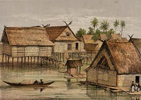 Borneo: a village raised on stilts above the water. Coloured lithograph by C.F. Kell after Carl Bock.