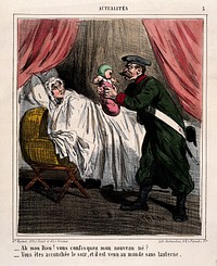 A soldier confiscates a baby from its mother in the night, because the baby has violated the curfew. Coloured lithograph by Cham.